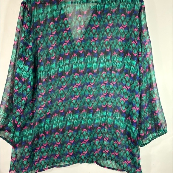 3/4 sleeve teal green & hot pink print blouse with ruffle around neck and front - Picture 2 of 6